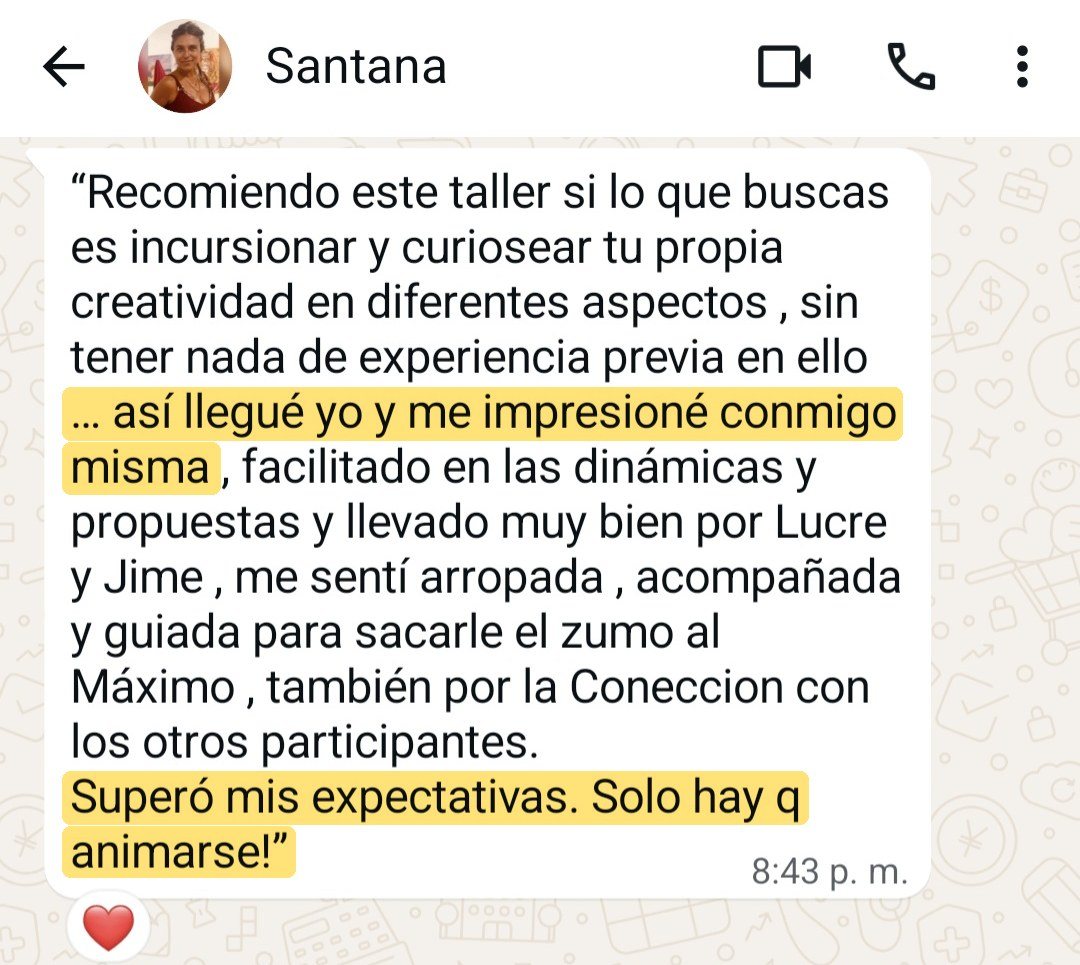 Mensaje de WhatsApp de Santana recomendando el taller Enfocando el cuerpo creativo